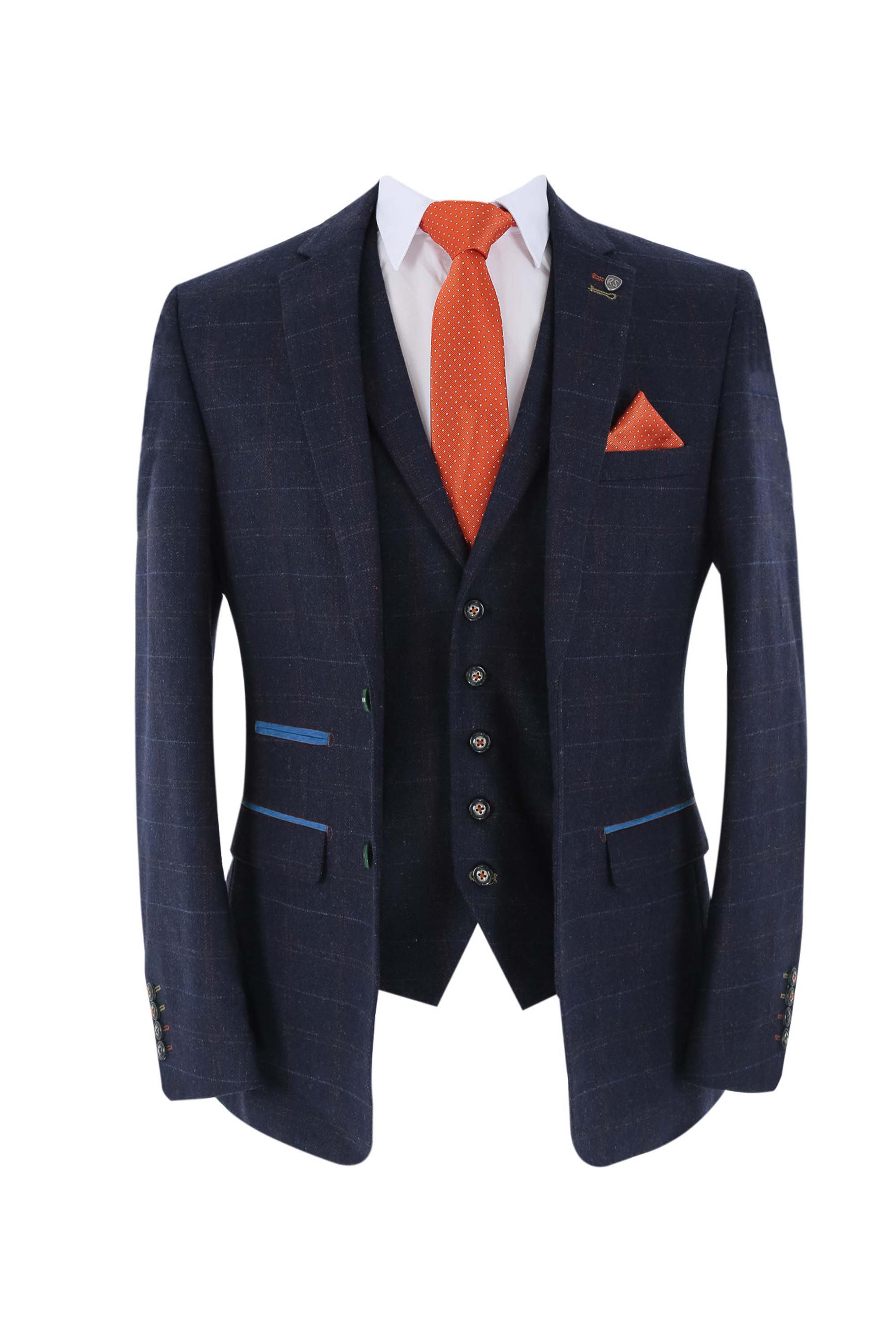 Men's Tweed Windowpane Tailored Fit Navy Suit Jacket  - RYAN