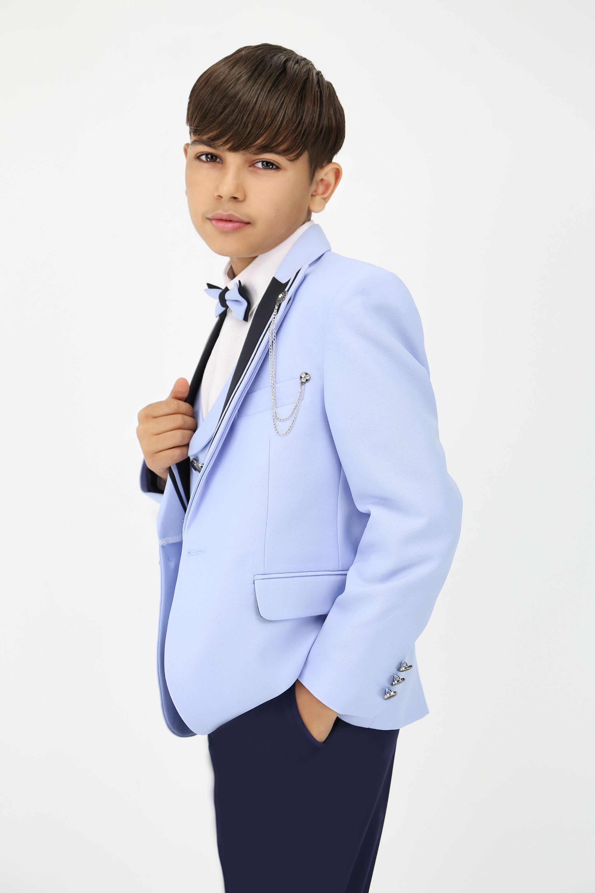 Boys Light Blue 6 PC Suit Set with Black Contrast Lapels