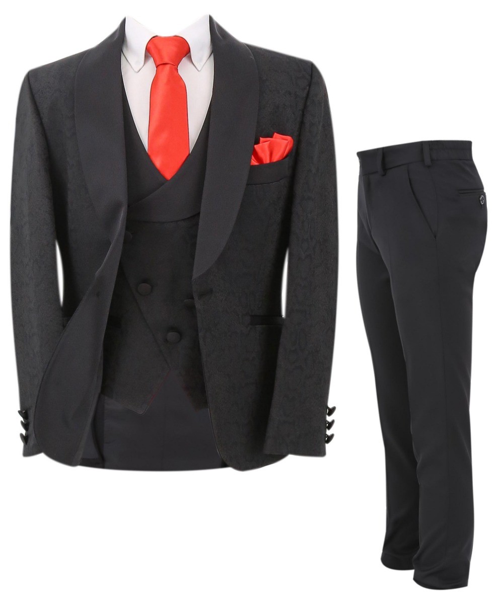Boys Jacquard Patterned Tuxedo Suit - ASHLEY - Black