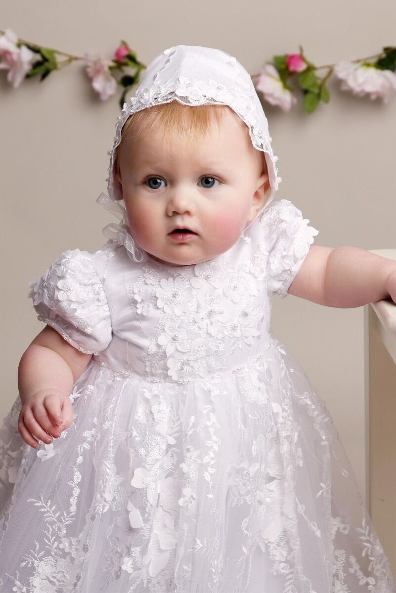 Baby Girls Lace Heirloom Christening Gown & Bonnet - RACHEAL - White