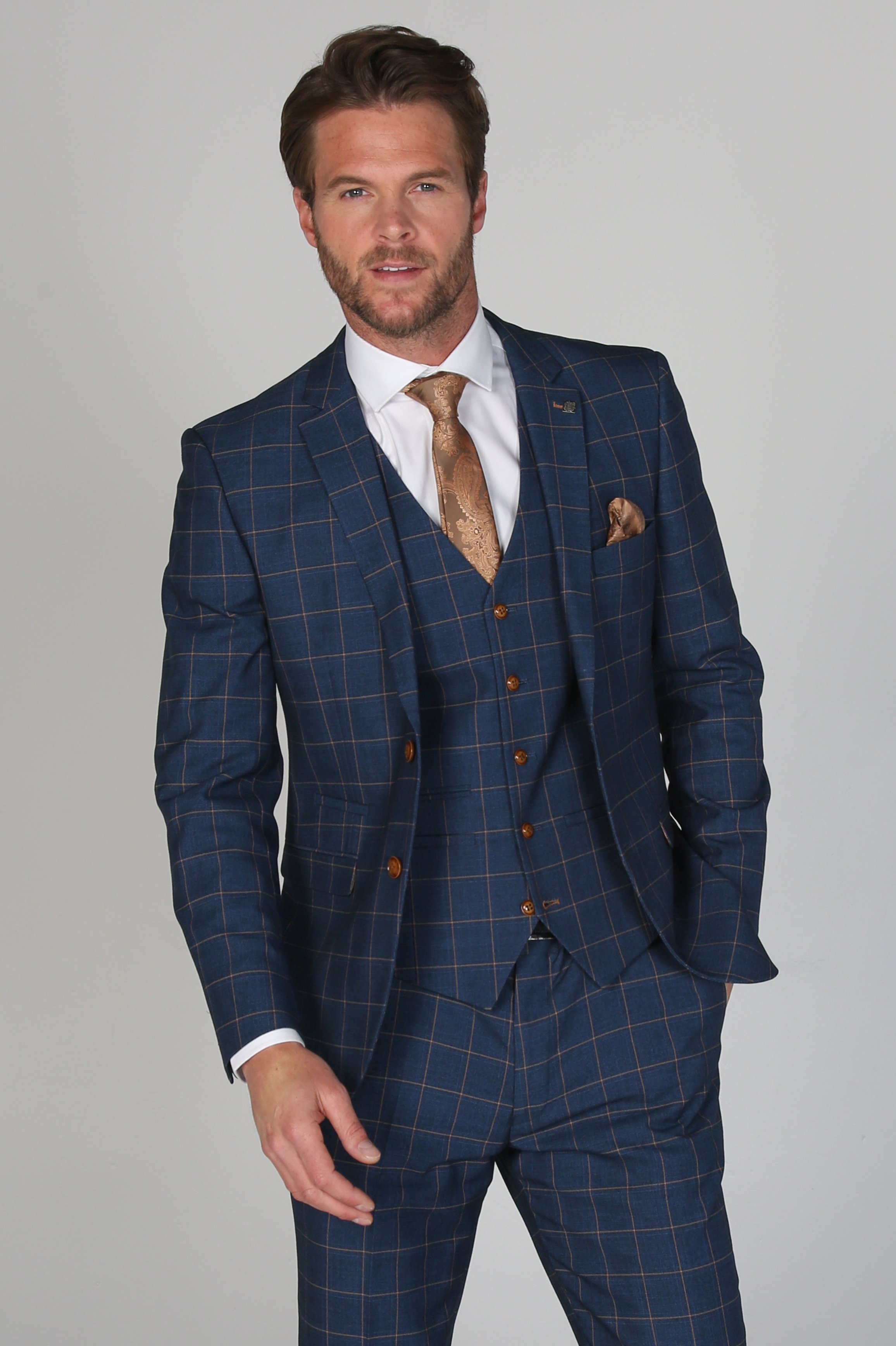 Men's Tailored Fit Windowpane Check Suit - HAMLEYS - Corrnflower Blue