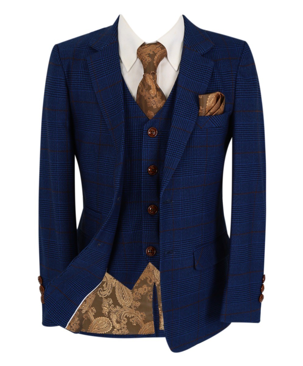 Boys Tweed Check Tailored Fit Navy Suit - ALEX - Royal Blue