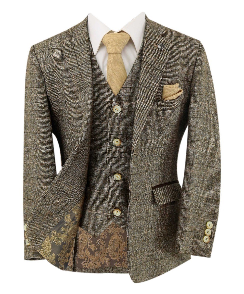 Boys Tweed Check Tailored Fit Beige Suit - LIAM