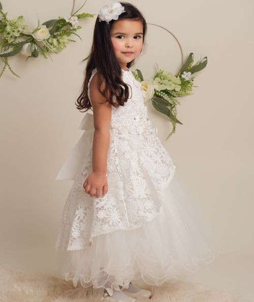 Girls Ivory Flower Lace Overlay Tulle Dress - RUBY