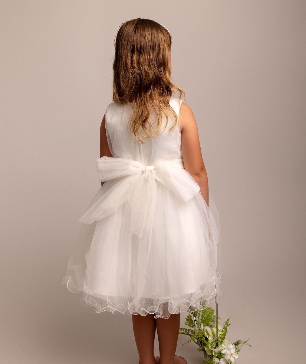 Girls Ivory Floral Appliques Tulle Dress - Monica