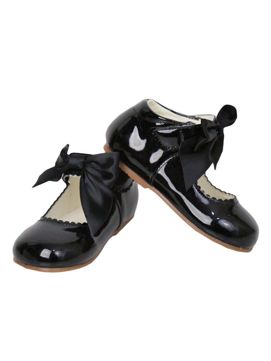 Girls Scalloped Trim Patent Flat Mary Jane Shoes - Black