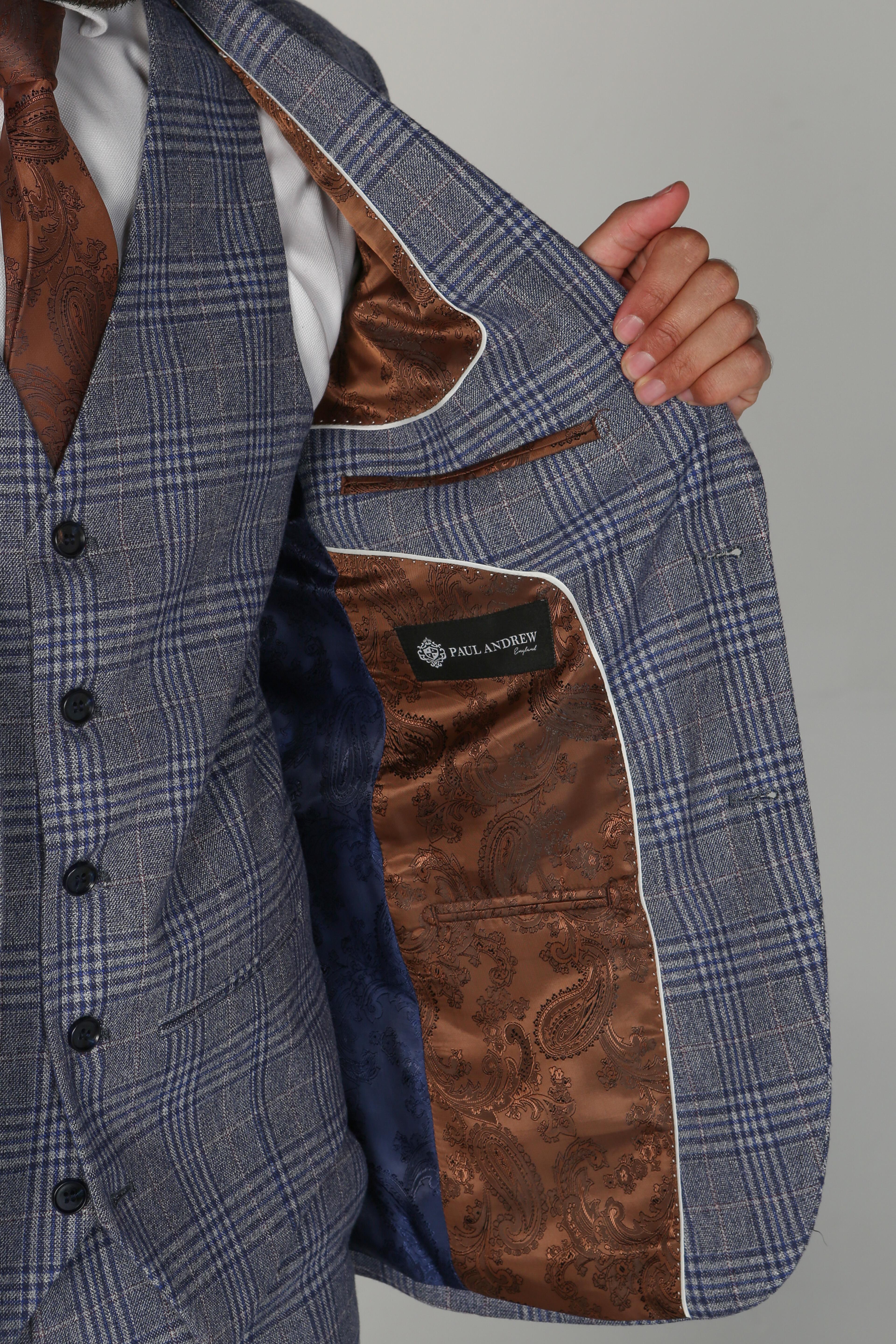 Men's Retro Check Tailored Fit Blue Suit Jacket - VIKTOR