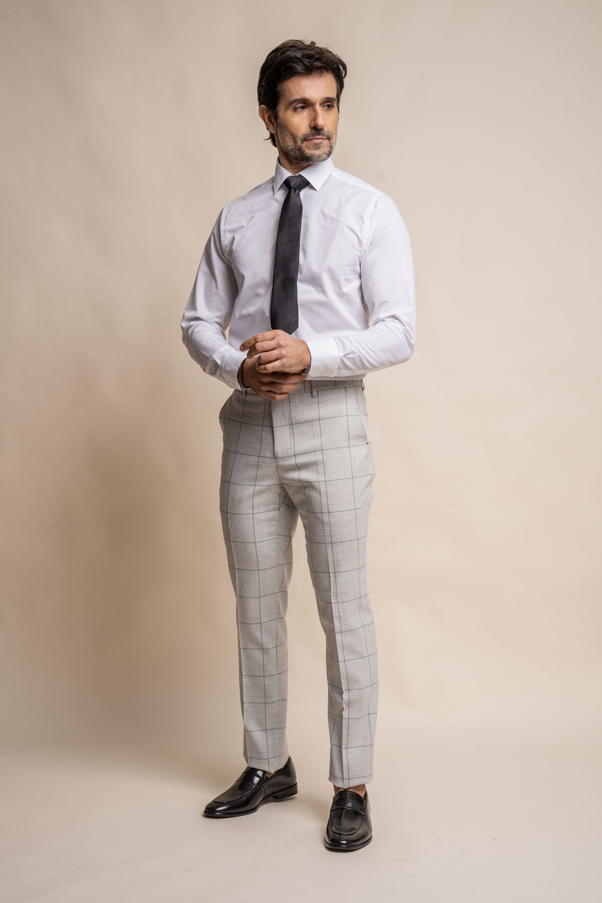 Men's Retro Check Grey Trousers - RADIKA - Light Grey