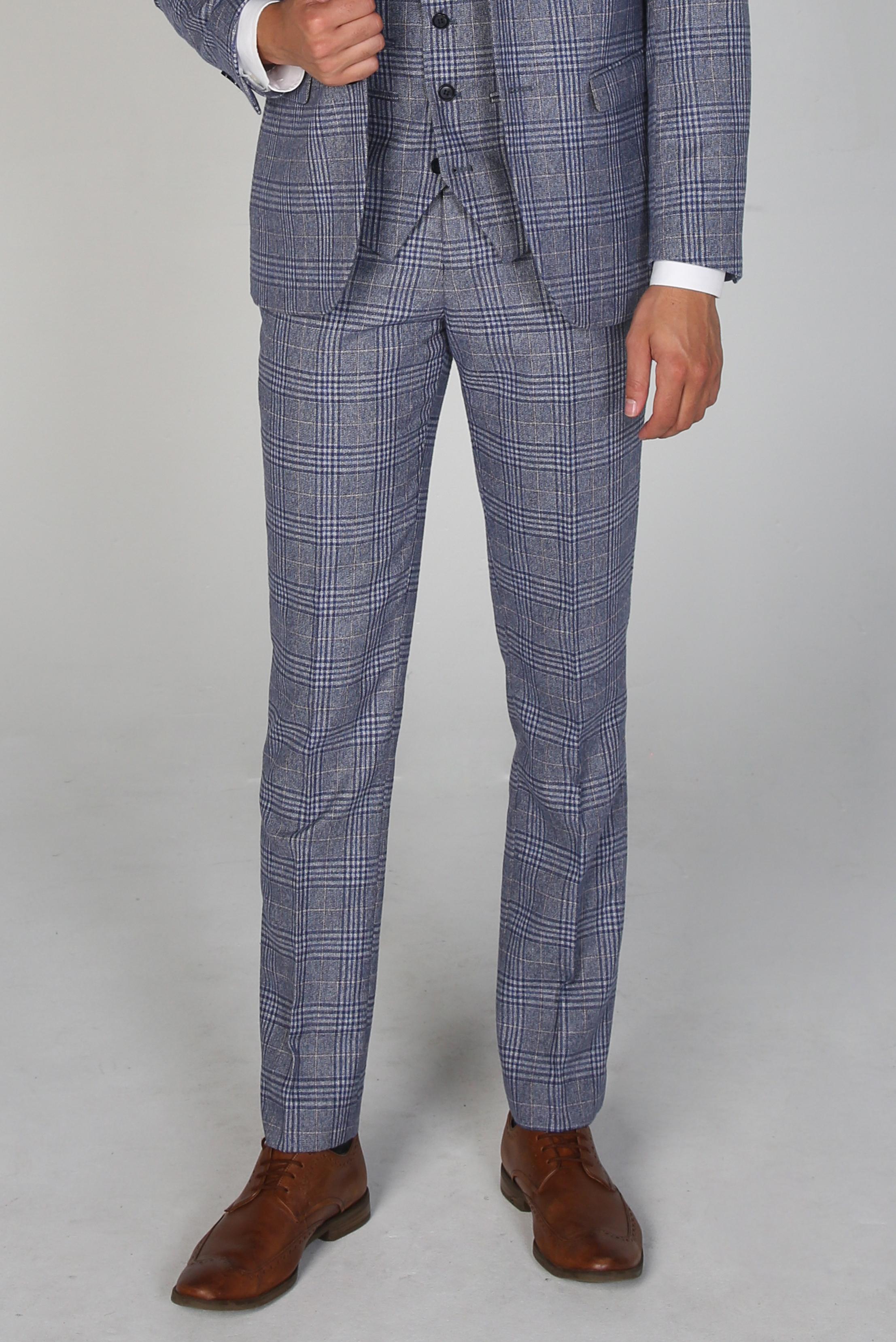 Men's Retro Check Tailored Fit Blue Trousers - VIKTOR