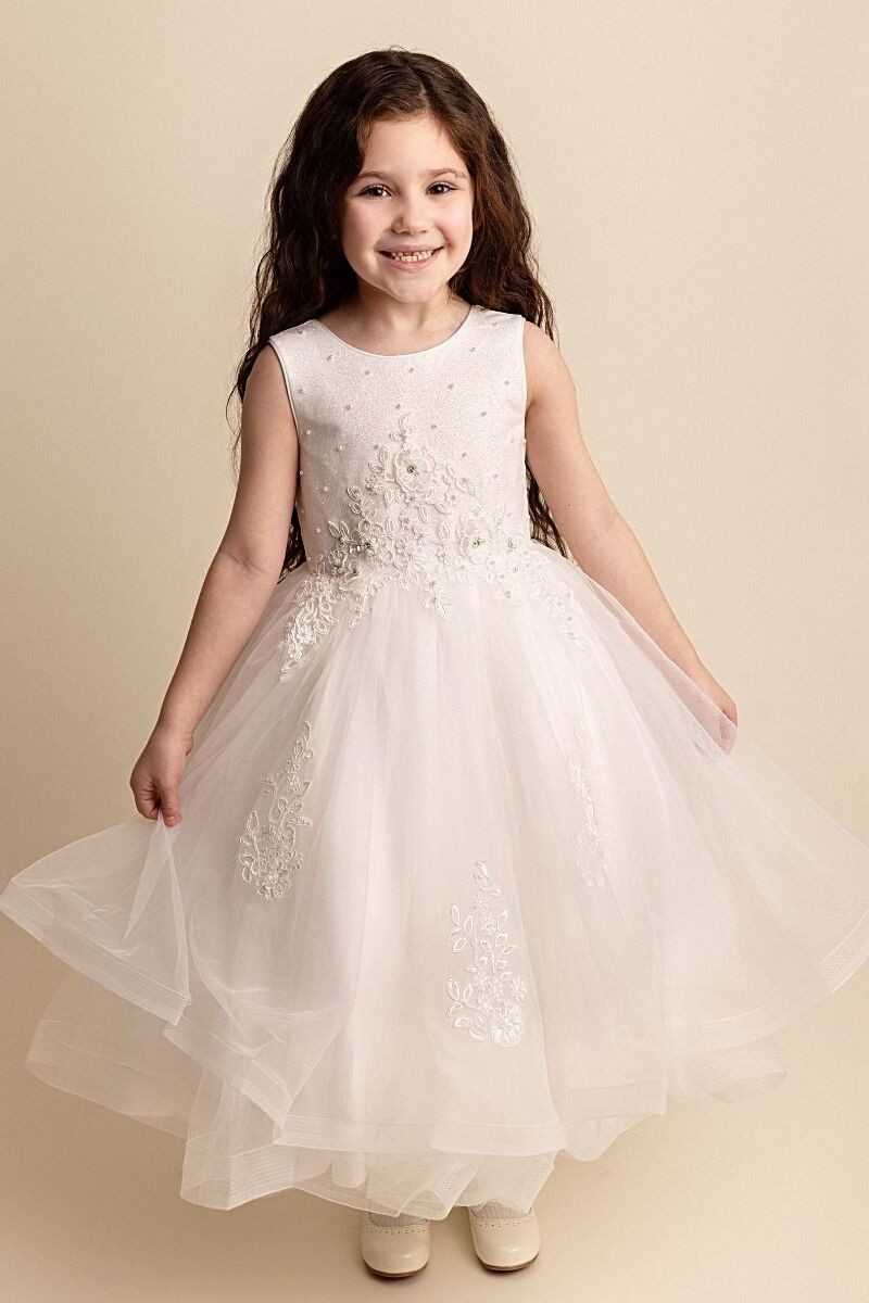 Girls Ivory Floral Embroidered Tulle Dress - RAQUEL