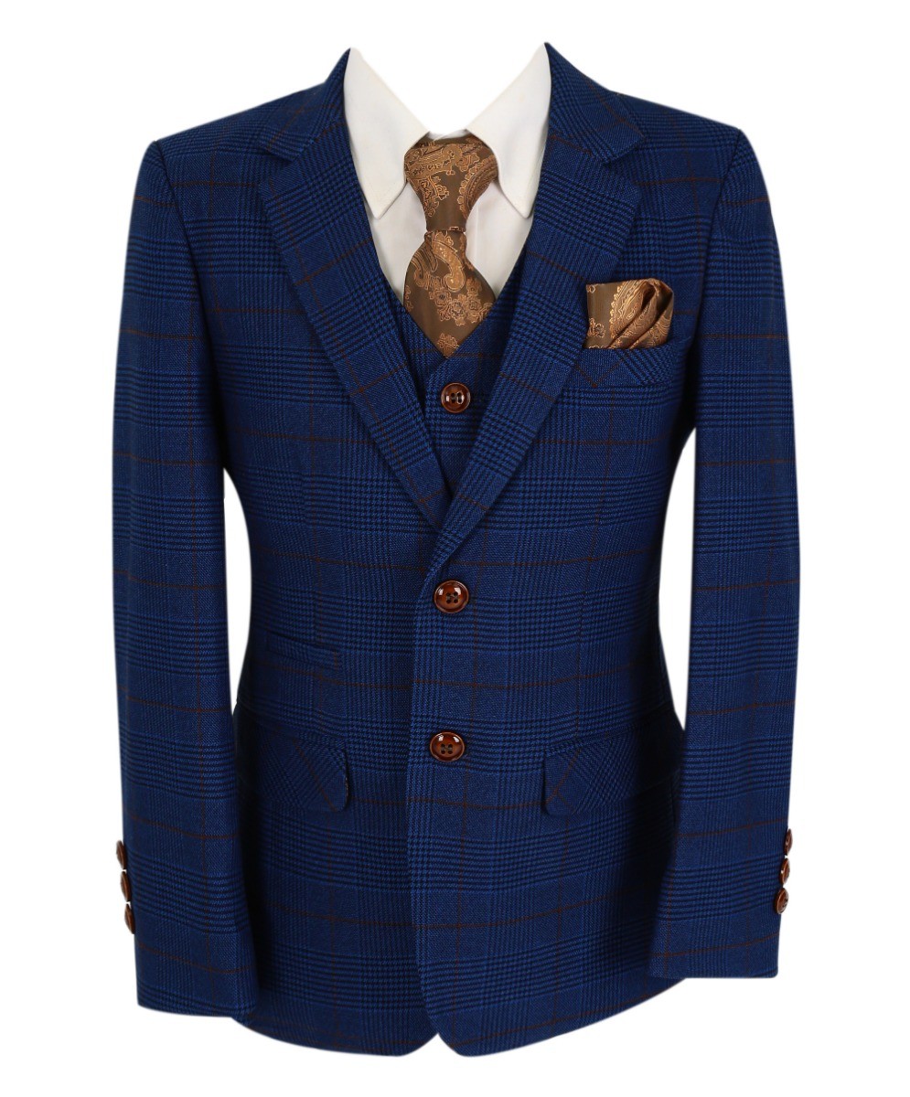 Boys Tweed Check Tailored Fit Navy Suit - ALEX - Royal Blue