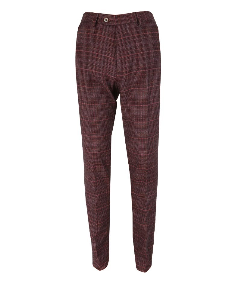 Men's Slim Fit Check Tweed Trousers - CARLY Wine - Wine