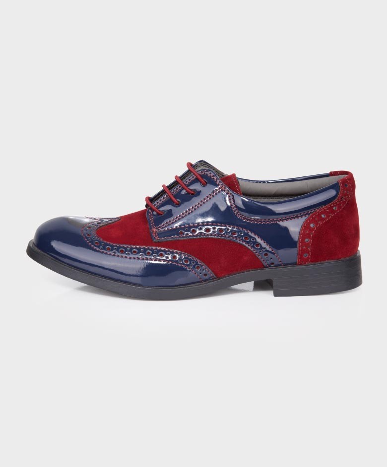 Boys Patent Leather & Suede Lace Up Brogue Derby Shoes - Navy Blue - Burgundy