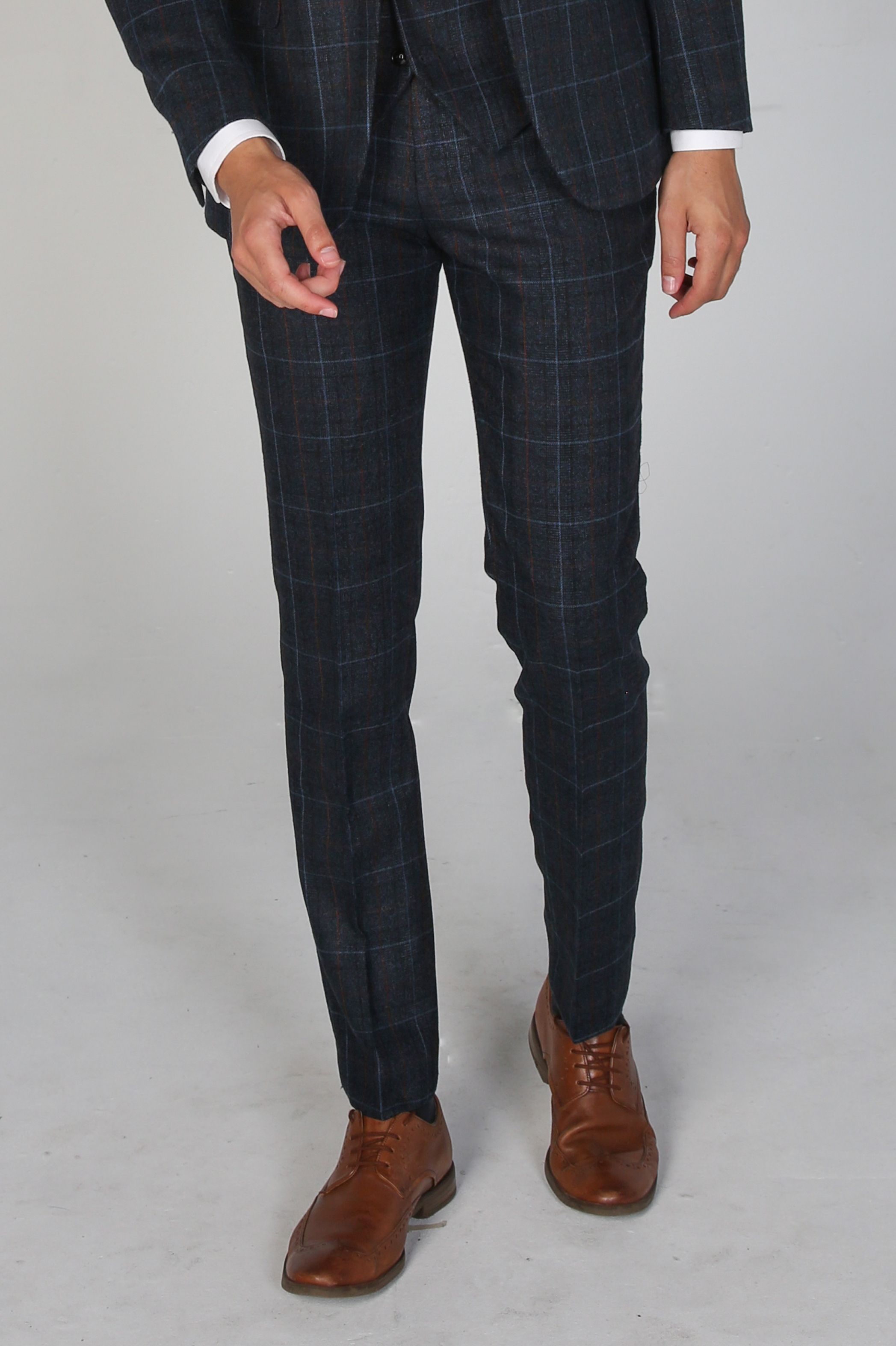 Men's Check Plaid Formal Trousers - HARVEY - Navy Blue