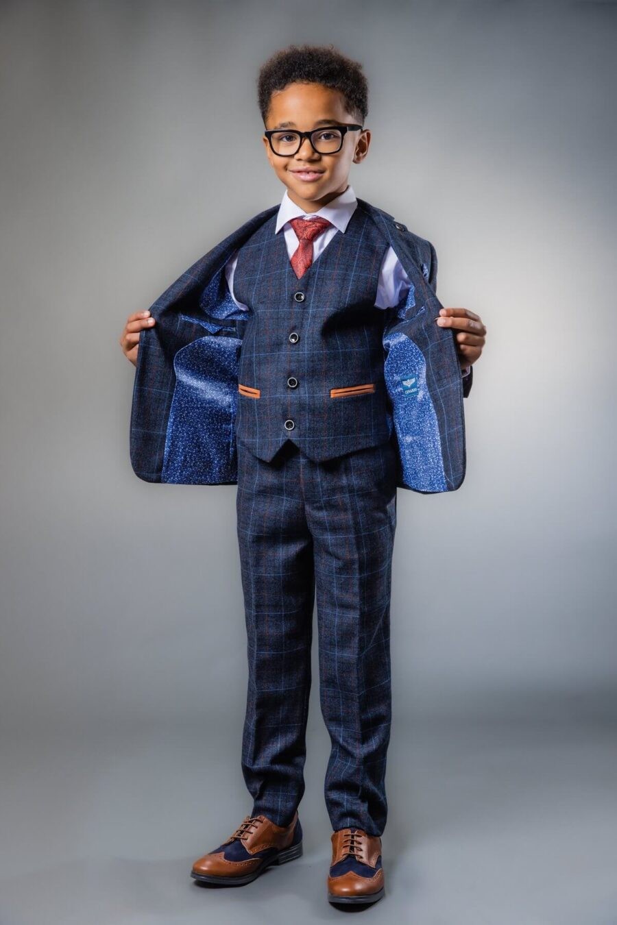 Boys Tailored Fit Retro Check Suit - ANTHONY NAVY - Navy Blue