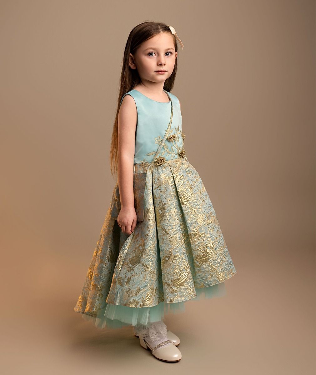 Girls’ Blue & Gold Brocade Dress Set - Tamia