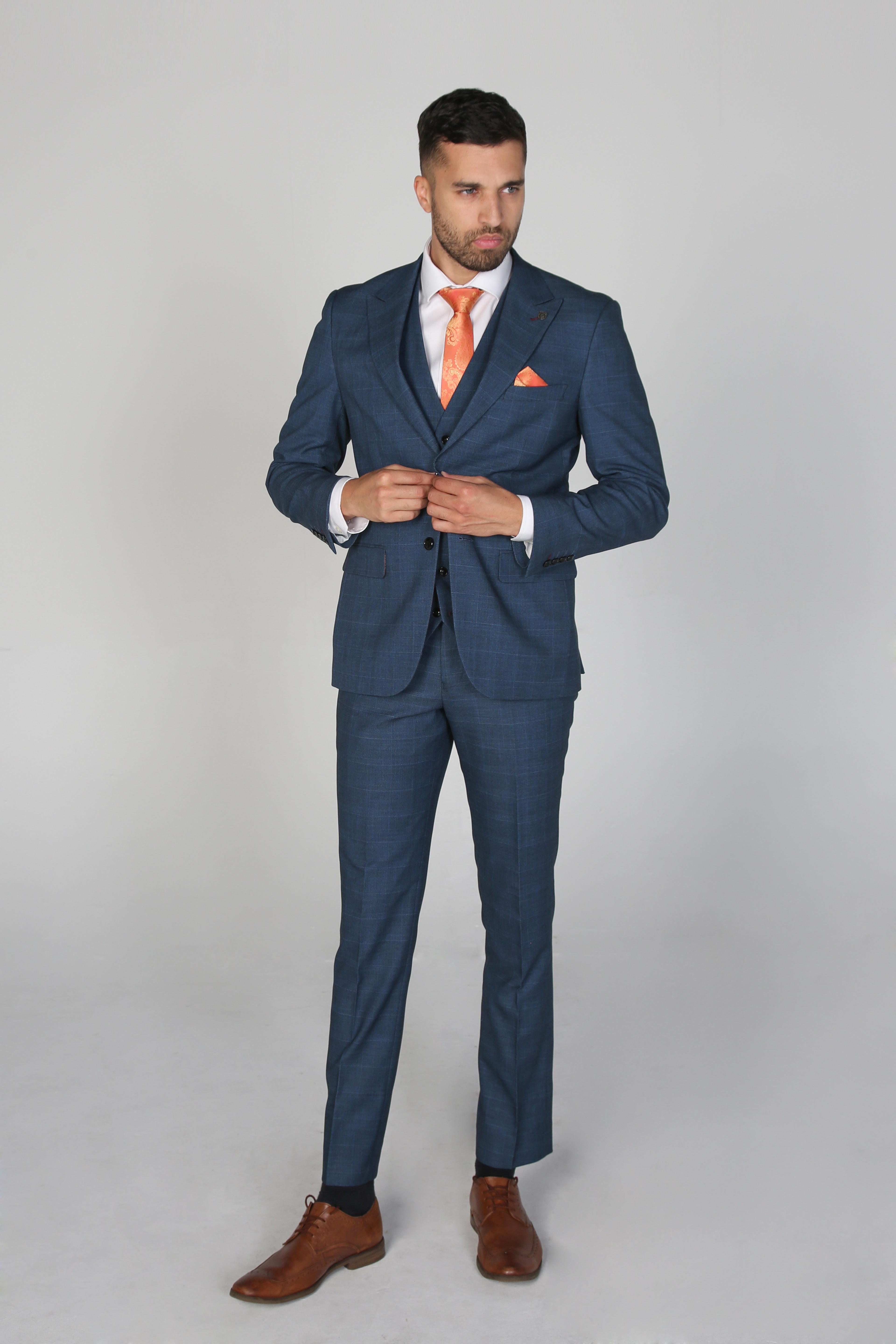 Men’s Check Tailored Fit Navy Suit - VICEROY