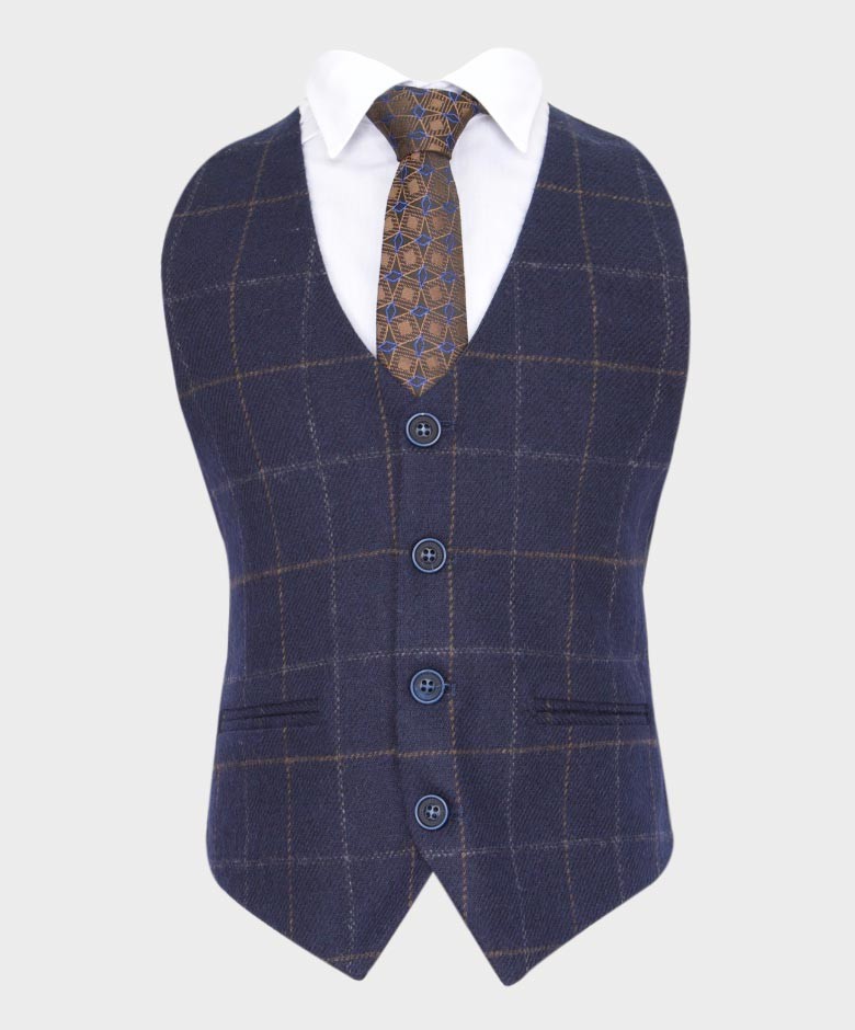 Boys Tailored Fit Tweed Check Navy Suit - SHELBY