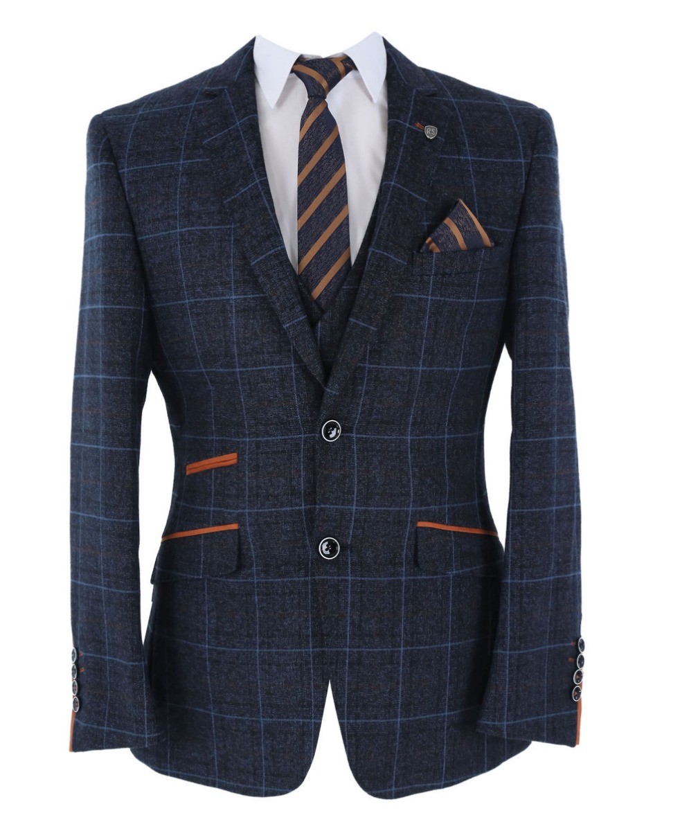 Men's Tailored Fit Retro Check Suit Jacket - ANTHONY NAVY
