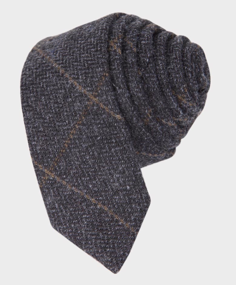 Boys Herringbone Tweed Windowpane Check Slim Tie & Hanky Set - Charcoal Grey