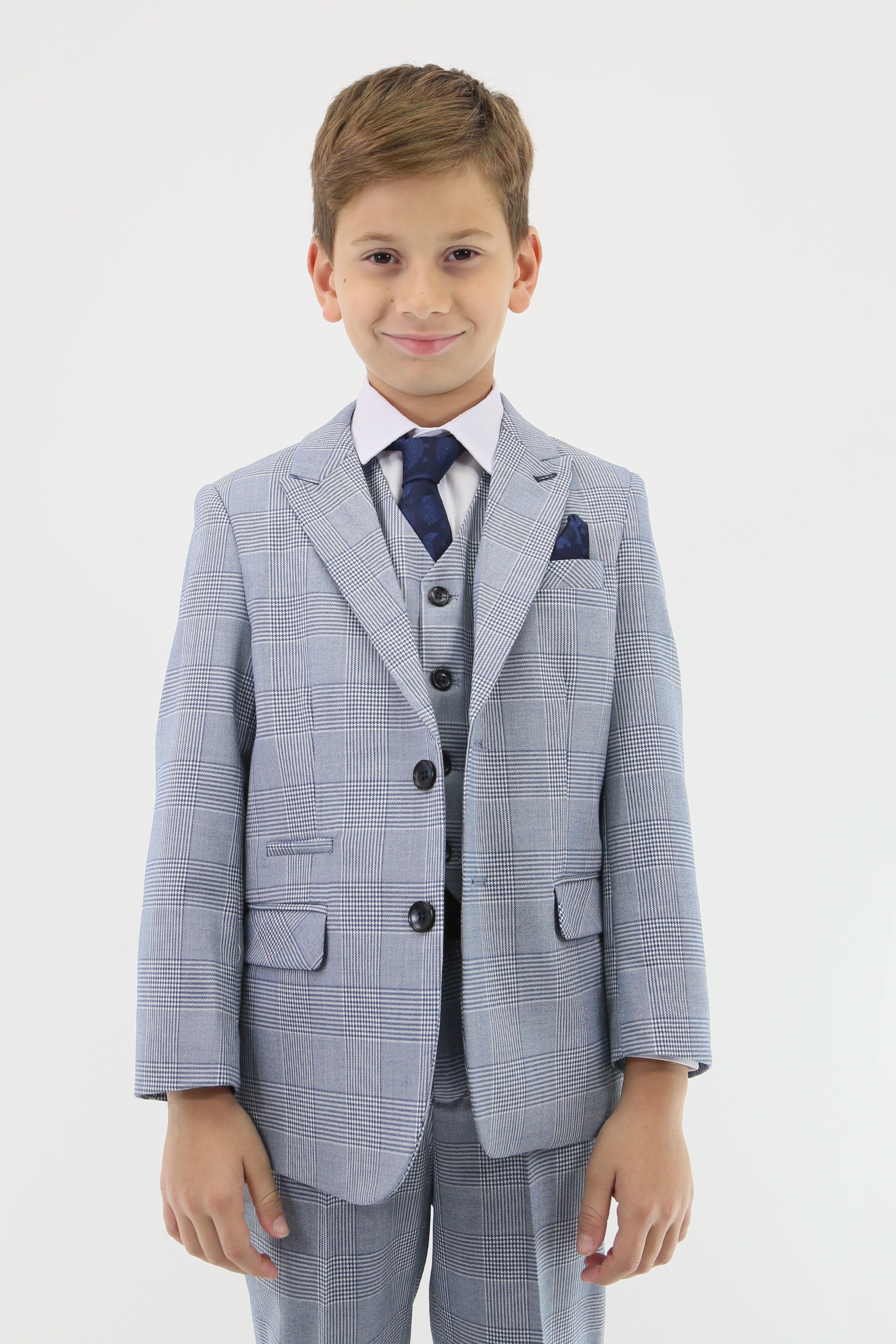 Boys Tailored Fit Tweed Check Suit - MARK - Sky Blue