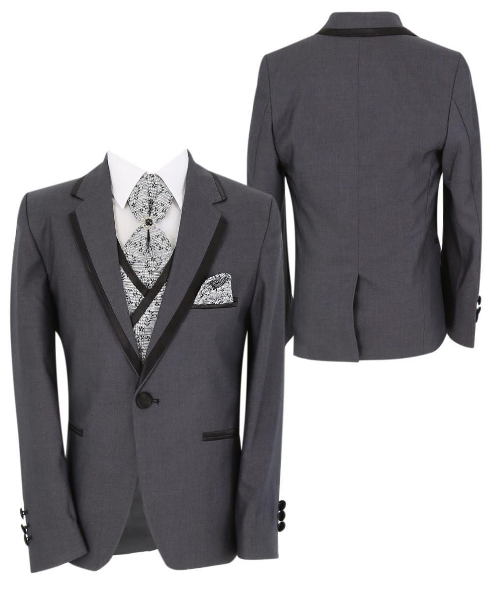 Boys Slim Fit Piping Grey Suit with Floral Waisctoat Set - Grey