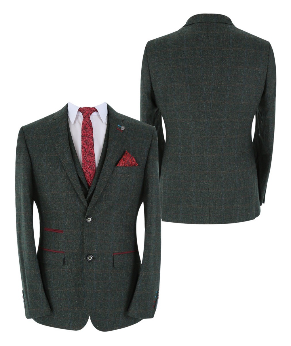 Men's Tweed Check Tailored Fit Suit Jacket - JOSHUA Green