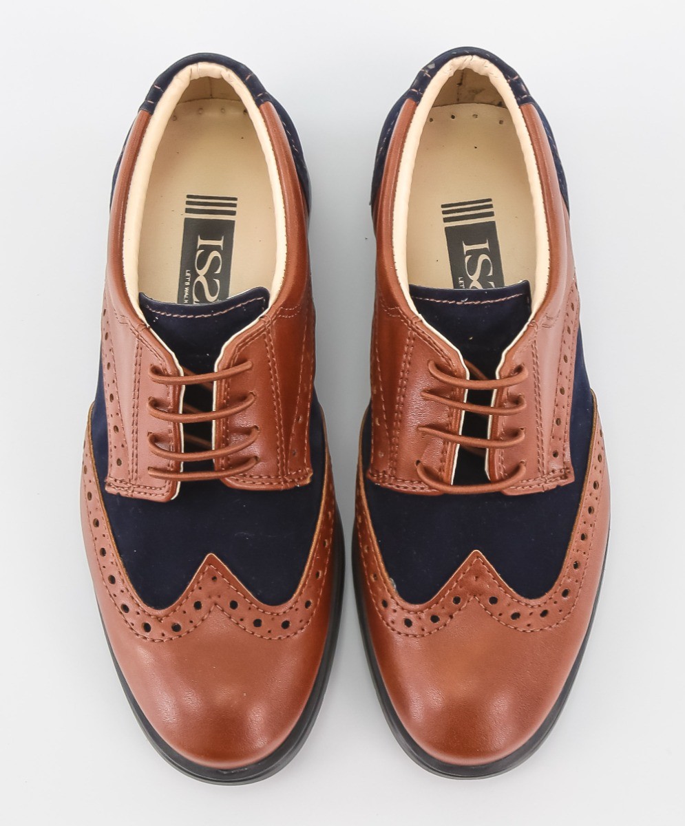 Boys Patent Leather & Suede Lace Up Brogue Derby Shoes - Tan Brown - Navy Blue