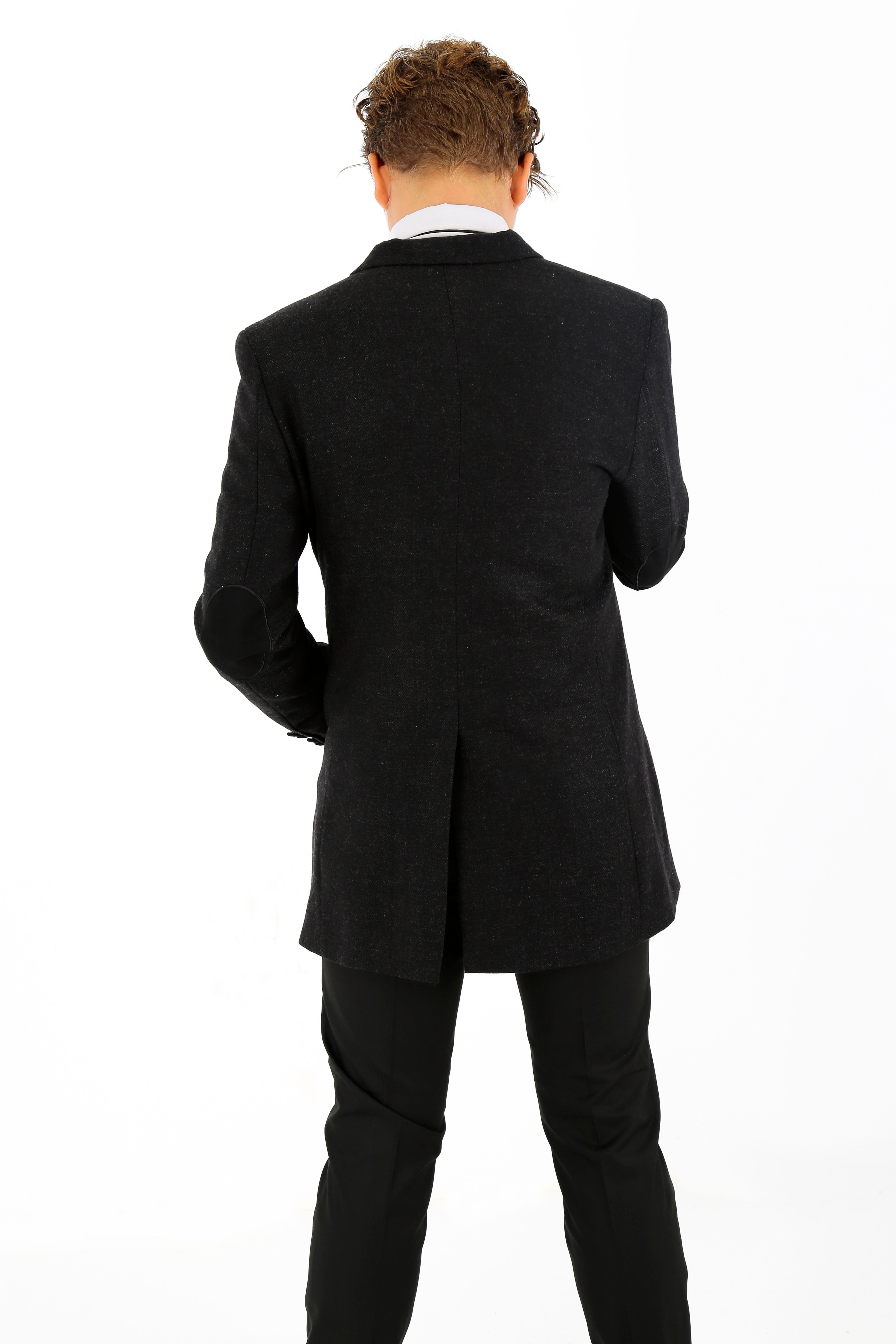 Boys Wool Herringbone Tailored Fit Midi Winter Coat - Black