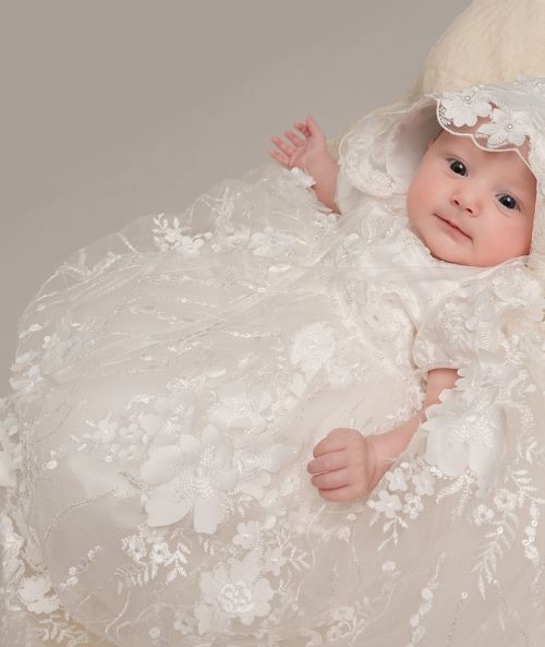 Baby Girls Lace Heirloom Christening Gown & Bonnet - RACHEAL - Off white