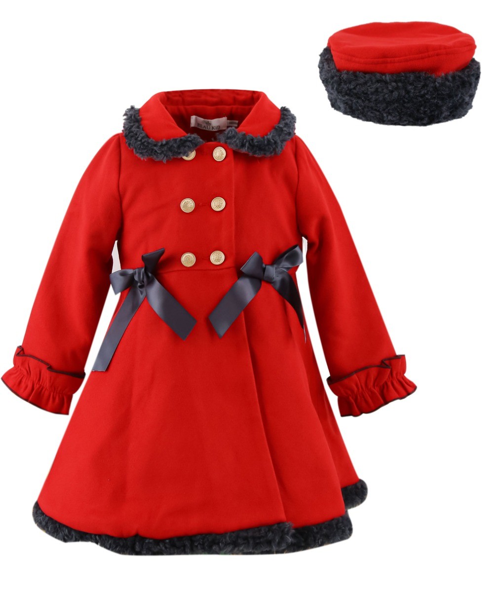 Girls Double-breasted Mid-Length Felted Wool Coat Set - Red