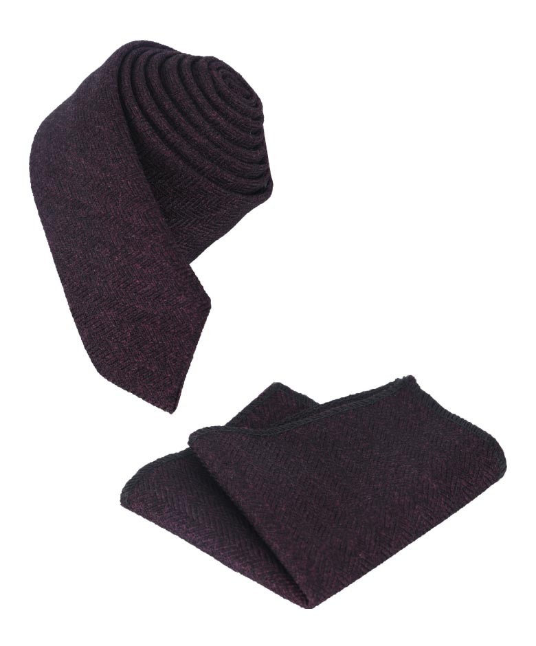Boys & Men's Herringbone Tweed Tie & Pocket Square Set - Purple