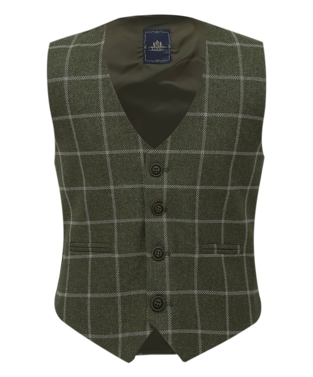 Boys Tweed Check Cotton Waistcoat Set - Sage Green