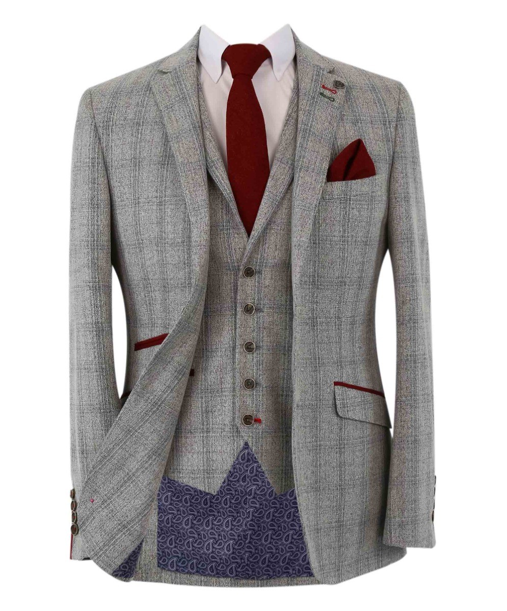 Men's Tweed Check Slim Fit Grey Suit - ANDREW - Grey