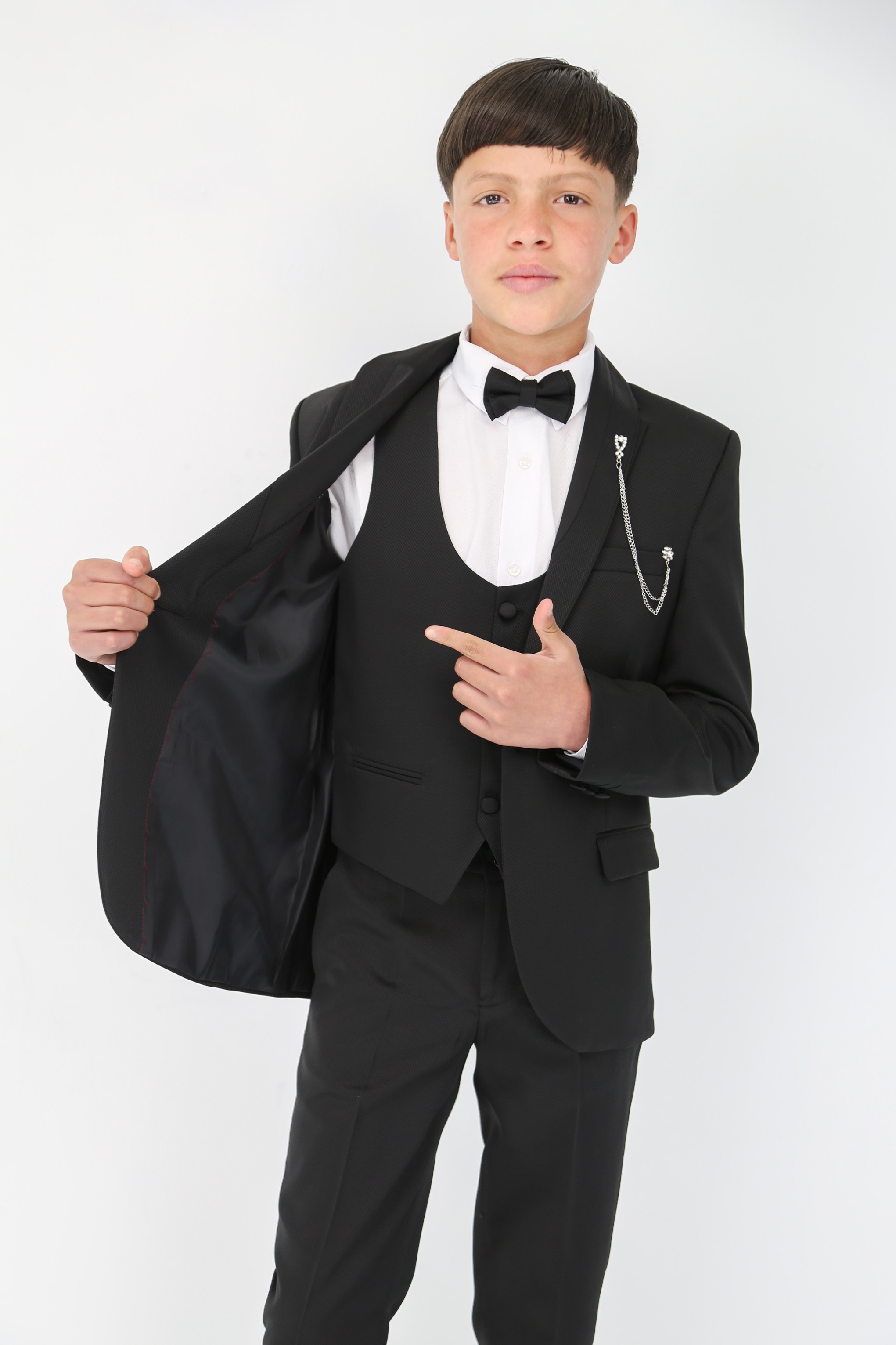 Boys' Satin Shawl Lapel Self-Patterned Tuxedo Suit, 6-Piece Set 