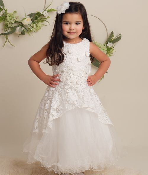 Girls Ivory Flower Lace Overlay Tulle Dress - RUBY