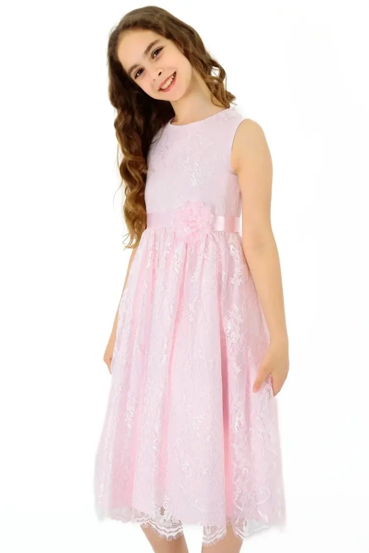 Girls Sleeveless Lace Embroidered Dress - Light Pink