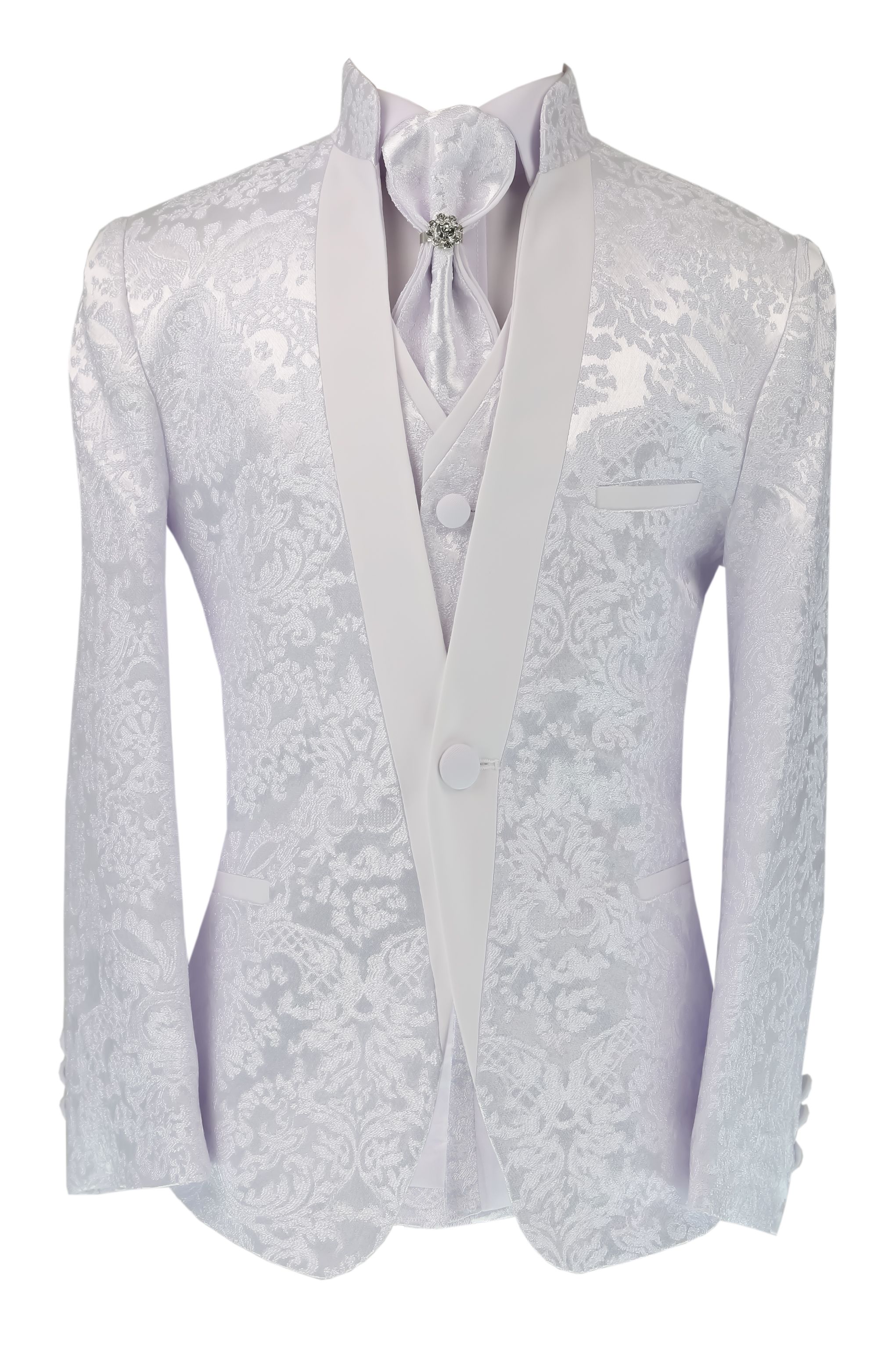 Boys Satin Lapel White Paisley Floral Tuxedo Suit Set