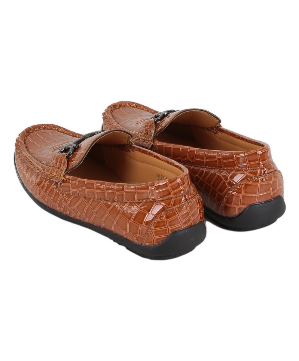 Boys Crocodile Slip on Patent Loafer Mocassin - ROBIN - Tan Brown