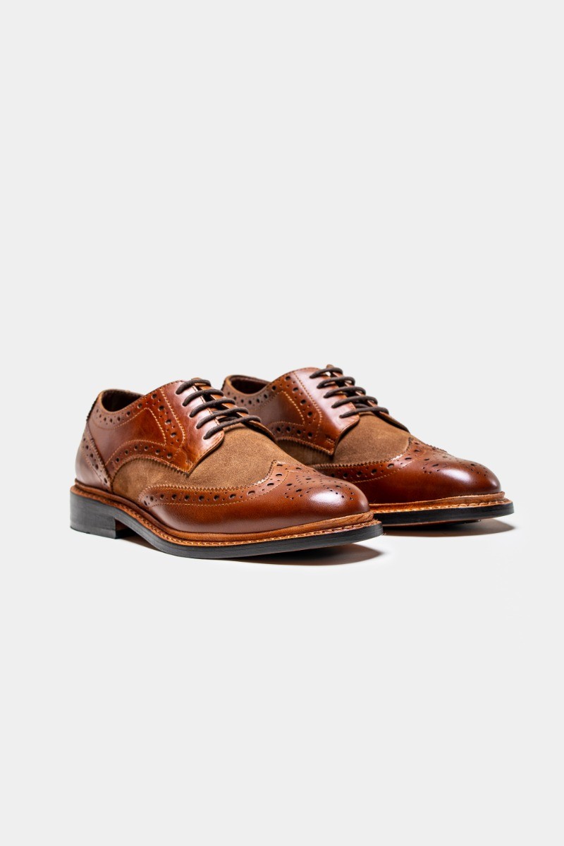 Men's Wingtip Brogue Lace Up Dress Shoes - MERTON - Tan Brown