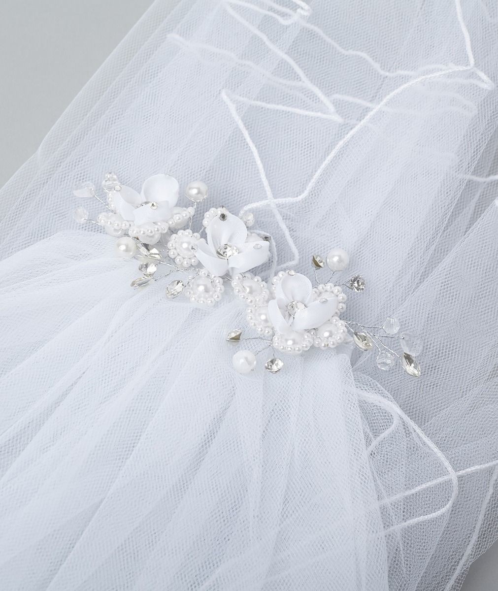 Girls' White Layered Floral and Pearl Veil - CMV255