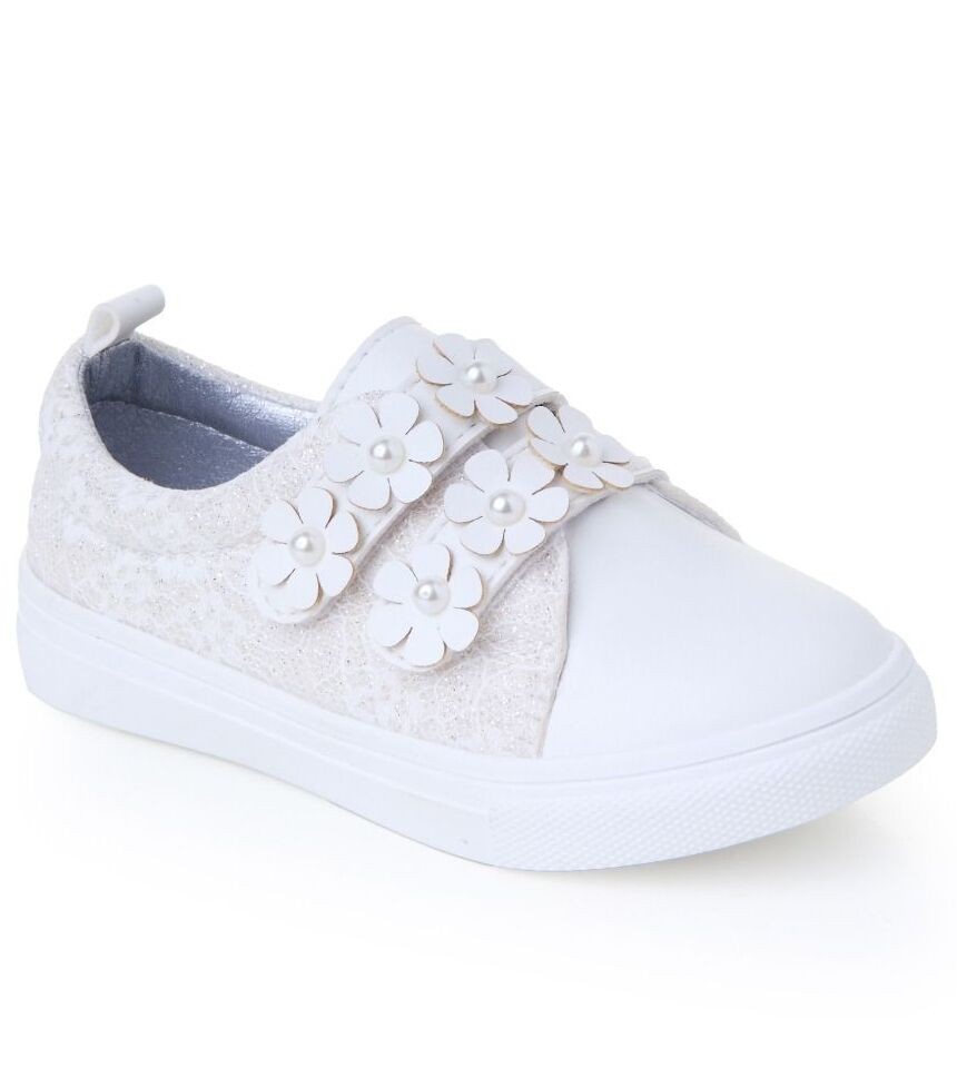 Girls' Cream Pearl Flower Velcro Sneakers - FINLEY