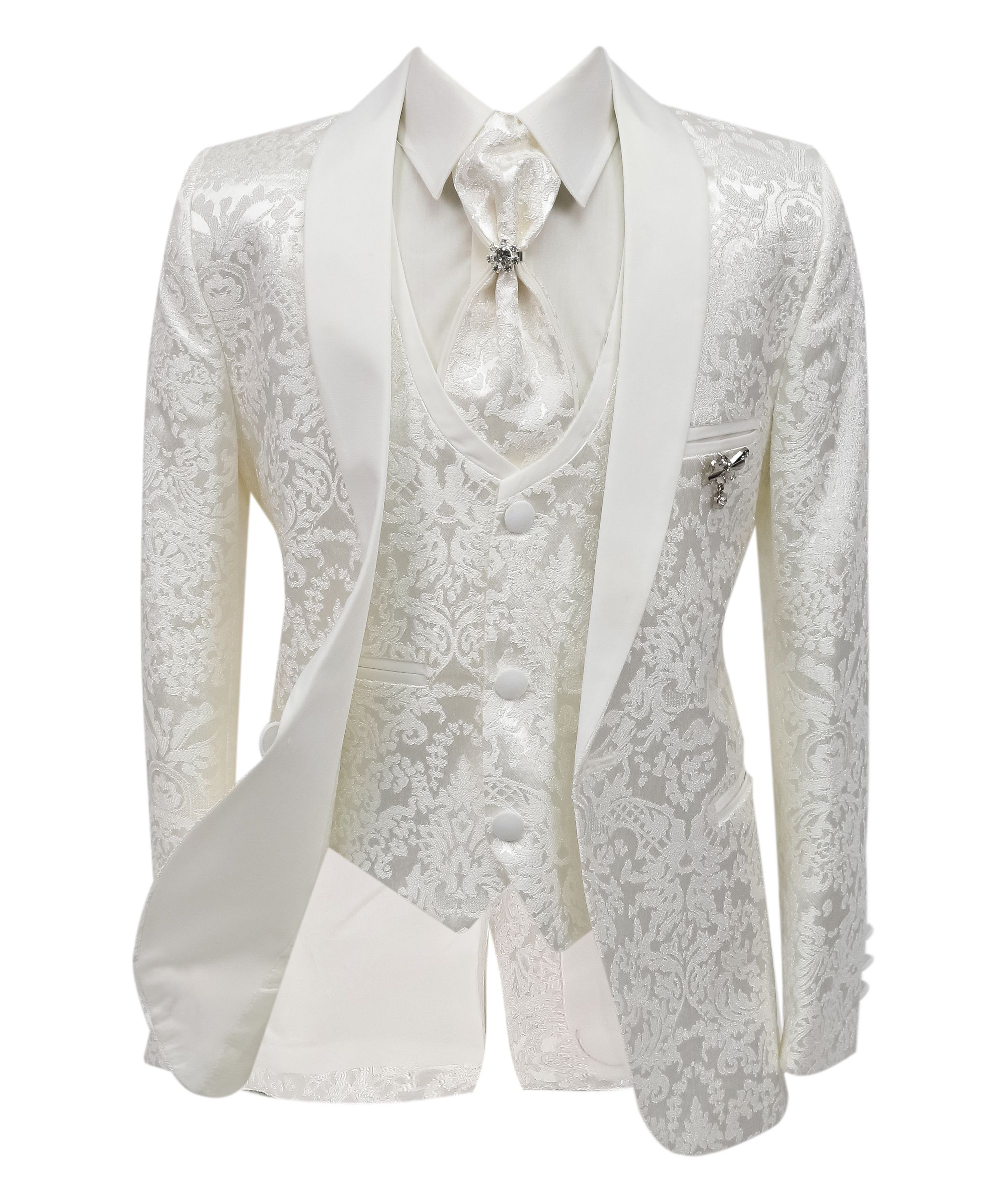 Boys’ 5 Piece White Floral Textured Communion Tuxedo Suit