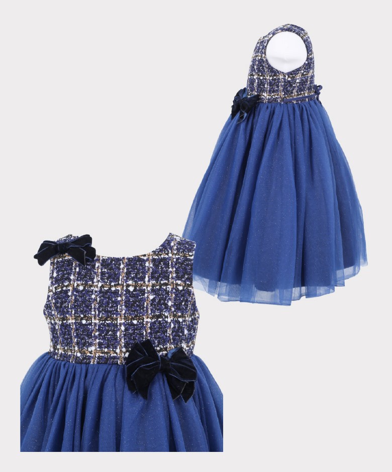 Girls Navy Blue Tweed Puffy Dress - Navy Blue
