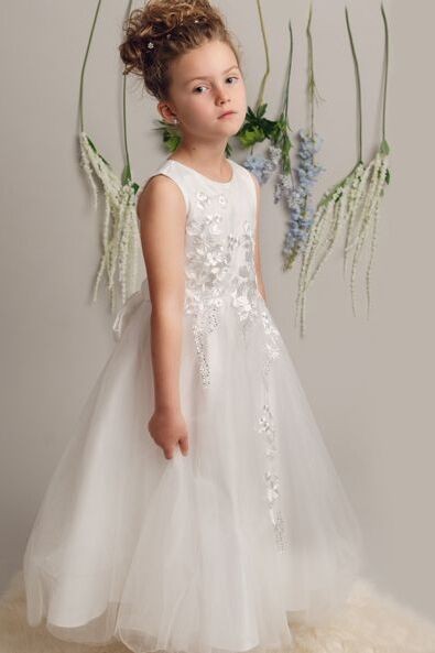 Floral Embroidery Flower Girl Dress with Bow - LUCKY - Ivory