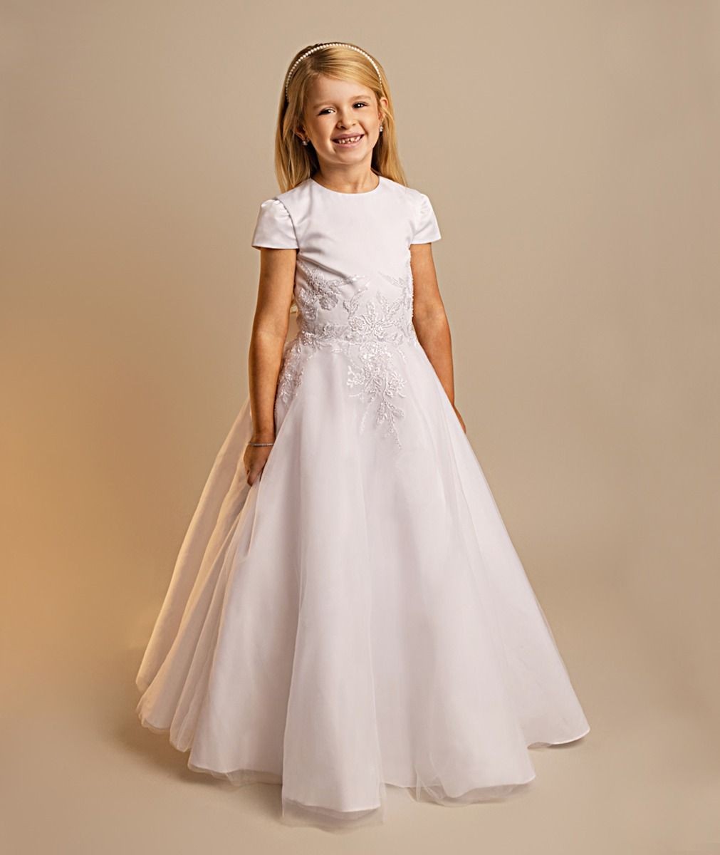 Girls’ White Floral Embroidered Communion Dress - Elodie