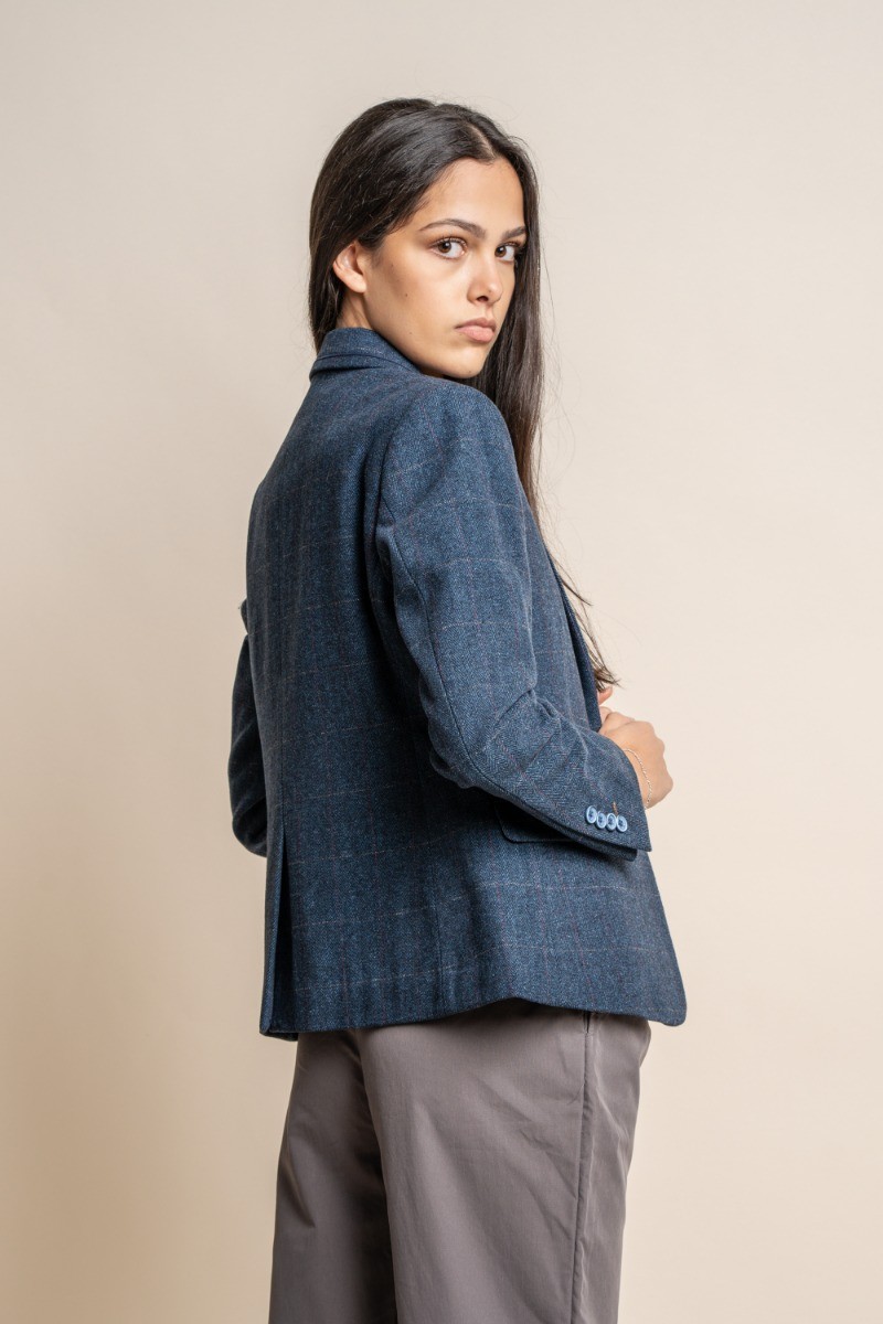 Women's Herringbone Slim Fit Wool Blazer- CARNEGI - Blue