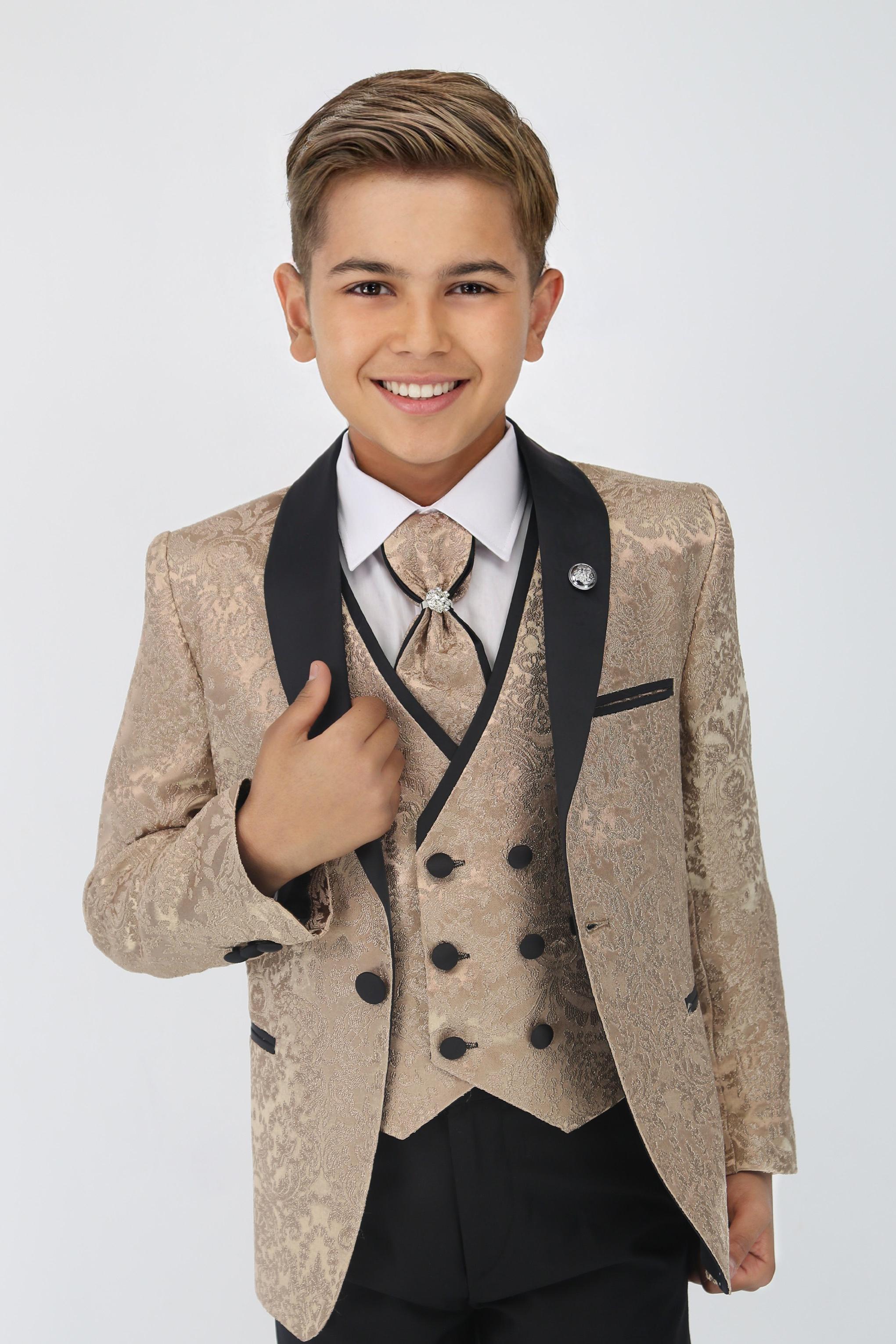 Boys Satin Lapel Paisley Floral Tuxedo Suit Set - Gold Champagne