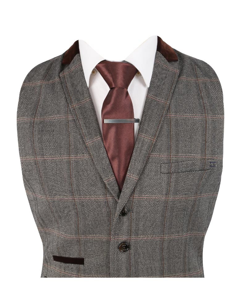 Men's Tweed Check Retro Suit Waistcoat - Connall Brown - Brown