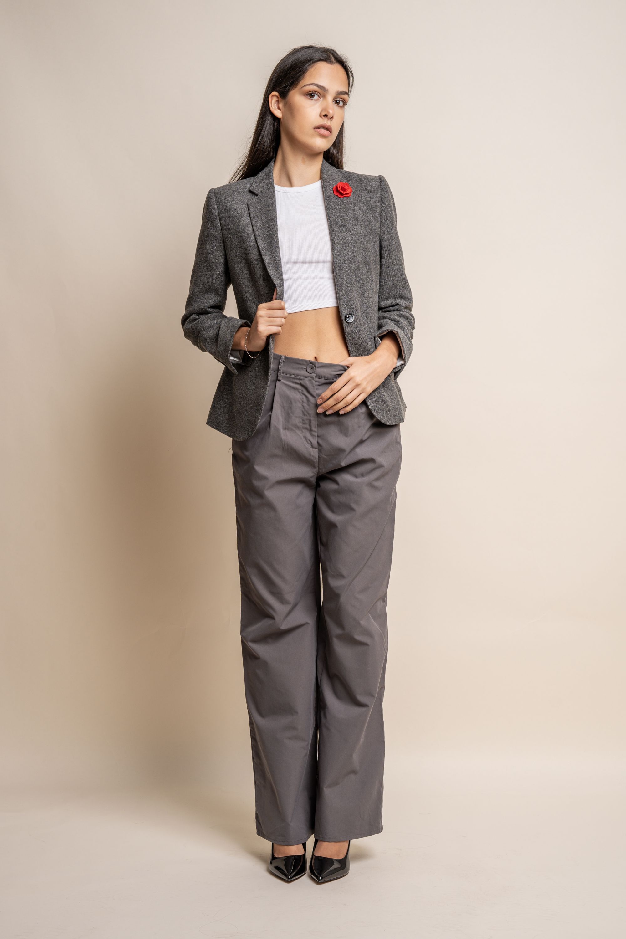 Women's Slim Fit Herringbone Grey Blazer  - Martez - Grey